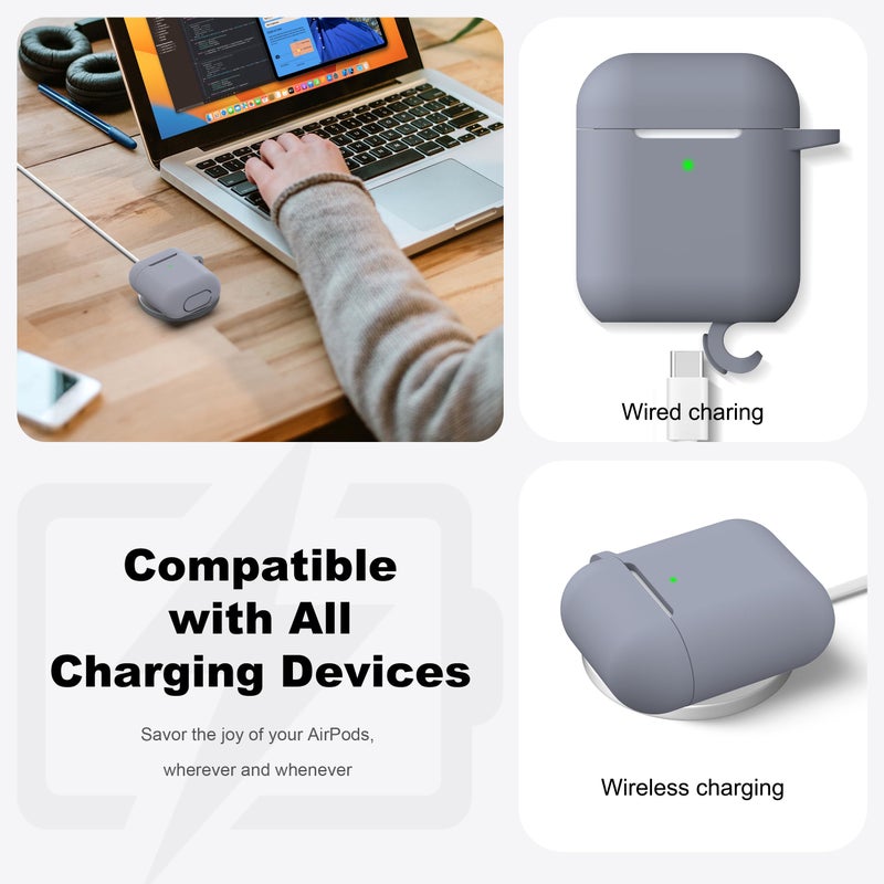 R-fun Compatible with AirPods Case Cover, Soft Silicone Protective Cover with Keychain for Women Men Compatible with Apple AirPods 2nd 1st Generation Charging Case, Front LED Visible,Dark Grey - Image 4